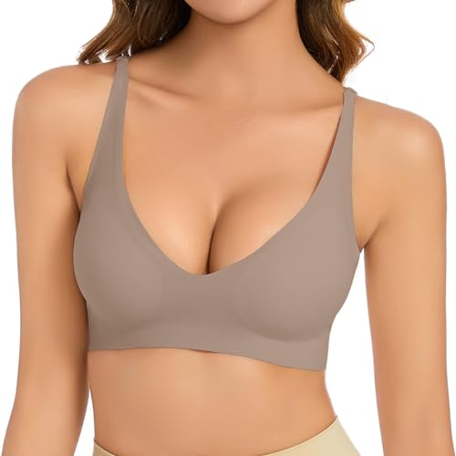 Vijamiy BH Damen Ohne Bügel V Ausschnitt Komfort Soft BH Push Up Seamless BH Leicht Gepolsterte Brüste Für Einen Gefühlsfreien Sitz Bralette Damen(Grau,L) von Vijamiy