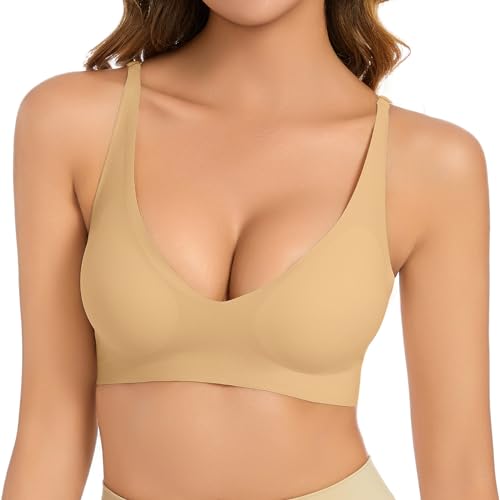 Vijamiy BH Damen Ohne Bügel V Ausschnitt Komfort Soft BH Push Up Seamless BH Leicht Gepolsterte Brüste Für Einen Gefühlsfreien Sitz Bralette Damen(Khaki,L) von Vijamiy