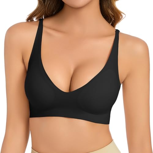 Vijamiy BH Damen Ohne Bügel V Ausschnitt Komfort Soft BH Push Up Seamless BH Leicht Gepolsterte Brüste Für Einen Gefühlsfreien Sitz Bralette Damen(Schwarz,M) von Vijamiy