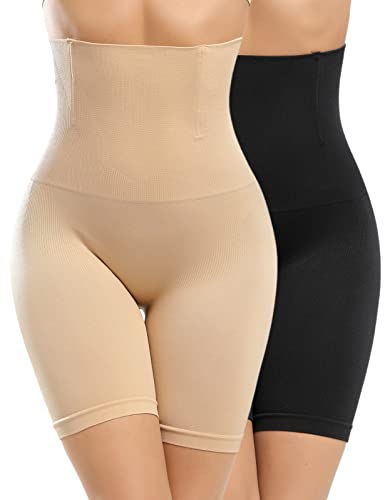 Vijamiy Bauchweg Unterhose Damen High Waist Shapewear Miederhose Anti Chafing Shorts Radlerhose Nahtlose Unterhose Leggings Body Shaper(Schwarz+Hautfarbe,M) von Vijamiy