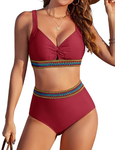 Vijamiy Bikini Damen Set High Waist Push Up Bikinis Bademode V Ausschnitt Zweiteiliger Badeanzüge Twsit Cross Oberteil (rot,M) von Vijamiy