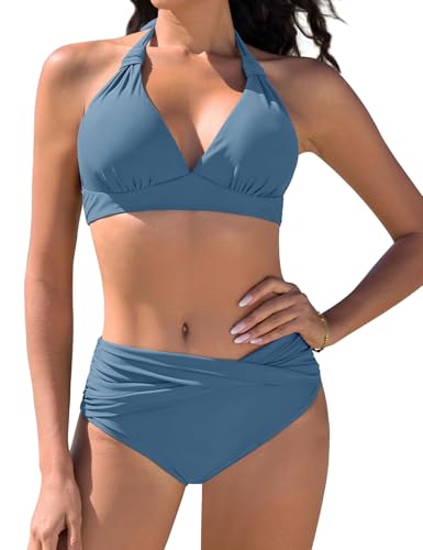 Vijamiy Bikini Damen Set Push Up Bikinis Zweiteiliger Bademode Swimsuit Träger Oberteil mit Nackenbügel(Hellblau,XL) von Vijamiy