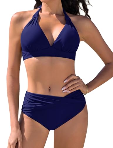Vijamiy Bikini Damen Set Push Up Bikinis Zweiteiliger Bademode Swimsuit Träger Oberteil mit Nackenbügel(Marineblau,S) von Vijamiy