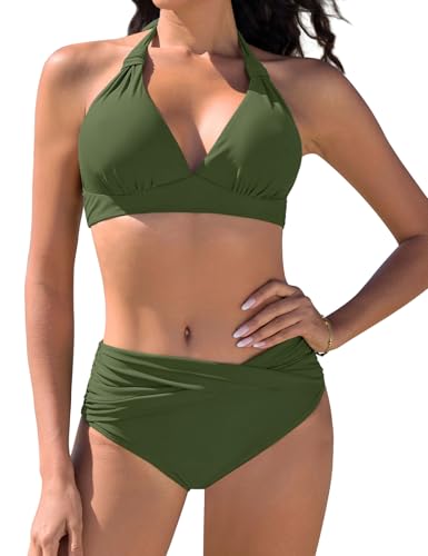Vijamiy Bikini Damen Set Push Up Bikinis Zweiteiliger Bademode Swimsuit Träger Oberteil mit Nackenbügel(Marinegrün,L) von Vijamiy