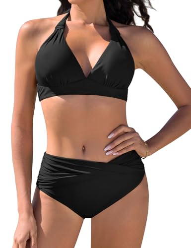 Vijamiy Bikini Damen Set Push Up Bikinis Zweiteiliger Bademode Swimsuit Träger Oberteil mit Nackenbügel(Schwarz,XL) von Vijamiy