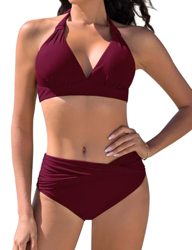 Vijamiy Bikini Damen Set Push Up Bikinis Zweiteiliger Bademode Swimsuit Träger Oberteil mit Nackenbügel(Weinrot,L) von Vijamiy