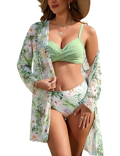 Vijamiy Bikini Damen Set Schalbluse Dreiteilig Push Up Bikini Gekreuzte Umschlingung Sexy Nabelschau Badeanzug Sonnenschutz Strand-Badebekleidung(Grün,M) von Vijamiy