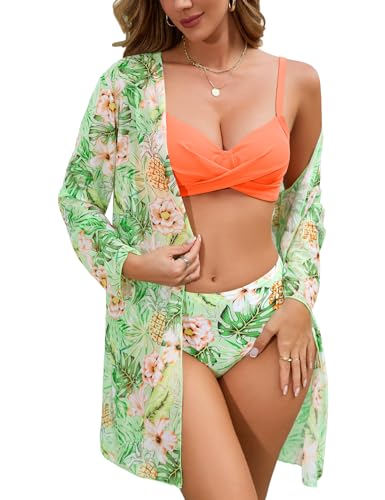 Vijamiy Bikini Damen Set Schalbluse Dreiteilig Push Up Bikini Gekreuzte Umschlingung Sexy Nabelschau Badeanzug Sonnenschutz Strand-Badebekleidung(Orange,M) von Vijamiy