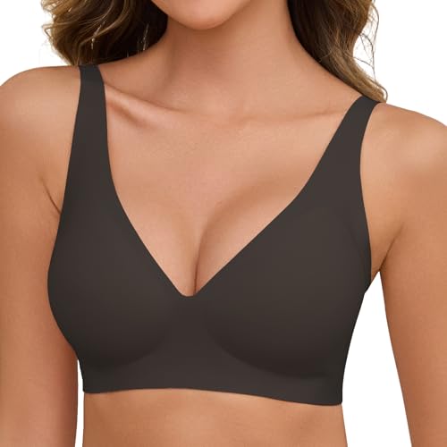 Vijamiy Damen BH Ohne Bügel V-Ausschnitt Push Up Seamless Gepolstert Bra für Weichen Halt Soft Komfort mit BH-Verlängerung(Schwarzbraun,S) von Vijamiy