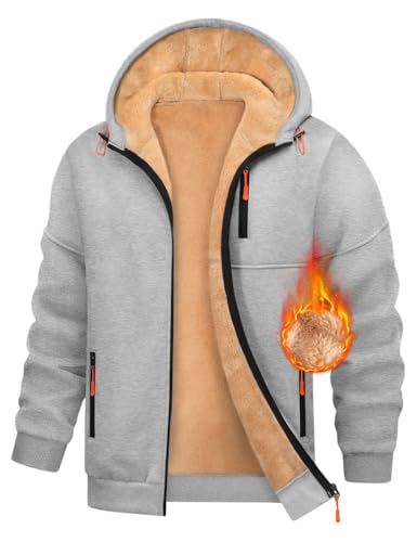 Vijamiy Fleecejacke Herren Zip Kapuzenjacke Winter Warm Sweatjacke Hoodie Casual Sportjacke Herrenjacken Winddicht Outdoorjacke(Hellgrau,L) von Vijamiy
