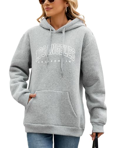 Vijamiy Kapuzenpullover Damen Los Angeles Fleece Hoodie Winter Warm Teenager Pullover Sportbekleidung Baggy Soft Winddicht Sweatshirt (Hellgrau,M) von Vijamiy
