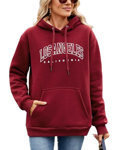 Vijamiy Kapuzenpullover Damen Los Angeles Fleece Hoodie Winter Warm Teenager Pullover Sportbekleidung Baggy Soft Winddicht Sweatshirt (Weinrot,XL) von Vijamiy