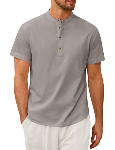 Vijamiy Leinenhemd Hemd Herren Kurzarm Tshirt Sommer Kurzarmhemd Sweatshirt Regular Fit Freizeithemd mit Tasten(Grau,L) von Vijamiy