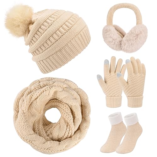 Vijamiy Mütze Schal Handschuhe Set Damen,Ohrenwärmer Und Wintersocken Winterset Touchscreen Handschuhe Wärme Winddicht Pudelmütze Geschenke Für Frauen(Khaki) von Vijamiy