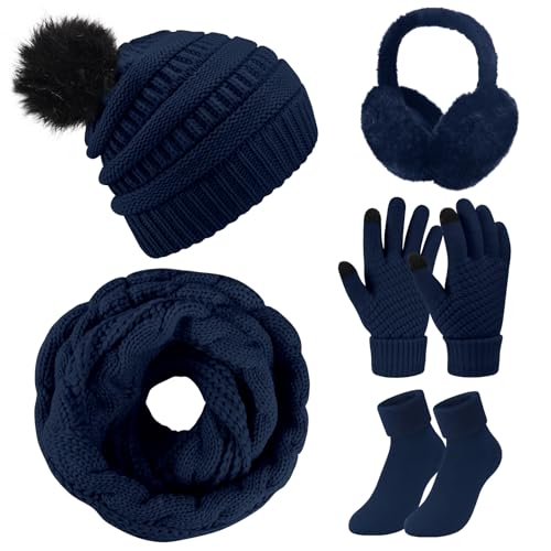 Vijamiy Mütze Schal Handschuhe Set Damen,Ohrenwärmer Und Wintersocken Winterset Touchscreen Handschuhe Wärme Winddicht Pudelmütze Geschenke Für Frauen(Marineblau) von Vijamiy