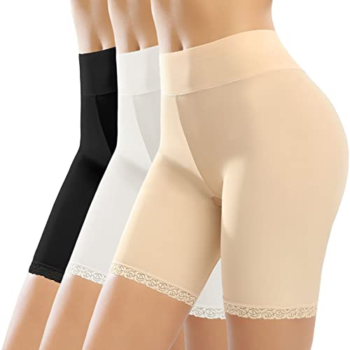 Vijamiy Radlerhose Damen Kurz Anti Chafing Nahtlose Unterhose High Waist Panties Shorts aus Spitze für Unter Röcken und Kleidern(Schwarz+Hautfarbe+Weiß,L) von Vijamiy