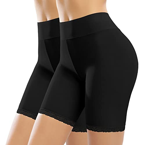 Vijamiy Radlerhose Damen Kurz Anti Chafing Nahtlose Unterhose High Waist Panties Shorts aus Spitze für Unter Röcken und Kleidern(Schwarz+Schwarz,L) von Vijamiy