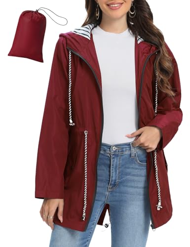 Vijamiy Regenjacke Damen Wasserdicht Atmungsaktiv Winddicht Faltbar Leichte Regenmantel Kapuze Mit Kordelzug Lang Outdoorjacke Regenponcho(Burgunderrot,S) von Vijamiy
