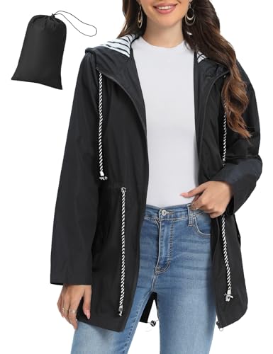 Vijamiy Regenjacke Damen Wasserdicht Atmungsaktiv Winddicht Faltbar Leichte Regenmantel Kapuze Mit Kordelzug Lang Outdoorjacke Regenponcho(Schwarz,L) von Vijamiy