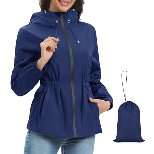 Vijamiy Regenjacke Damen Wasserdicht Kordelzug Form Faltbare leichte Regenjacke Wasserdichte Atmungsaktiv Outdoor-Sportjacke mit Kapuze Mantel Inklusive Aufbewahrungstasche (Dunkelblau,L) von Vijamiy