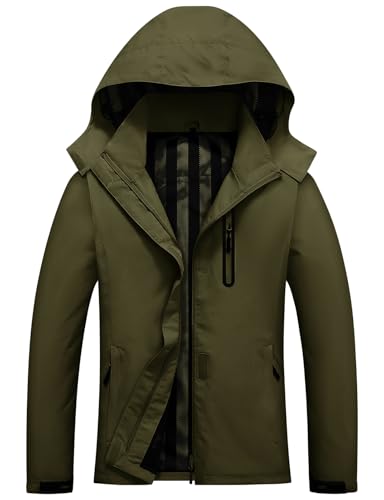 Vijamiy Regenjacke Damen Wasserdicht Windbreaks Leichter Mantel mit Abnehmbarer Kapuze Softshelljacke Atmungsaktives Mesh Futter Outdoorjacke Wandern(Armeegrün,XL) von Vijamiy
