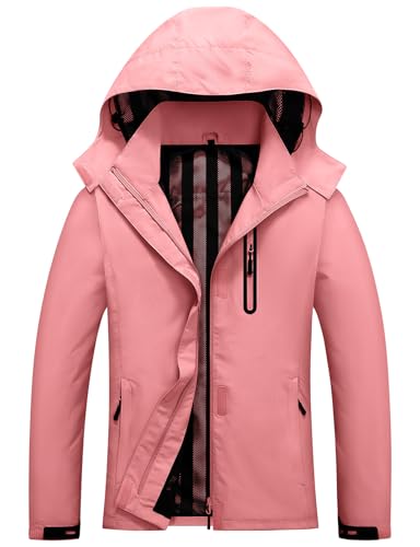 Vijamiy Regenjacke Damen Wasserdicht Windbreaks Leichter Mantel mit Abnehmbarer Kapuze Softshelljacke Atmungsaktives Mesh Futter Outdoorjacke Wandern(Rosa,XXL) von Vijamiy