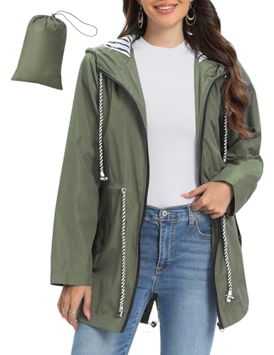 Vijamiy Regenjacke Damen Wasserdicht und Winddicht Faltbar Leichte Regenjacke Verstellbare Kapuze Mit Kordelzug Outdoor-Sportarten Windbreaker Damen Wasserdicht Übergangsjacke(Grün,L) von Vijamiy