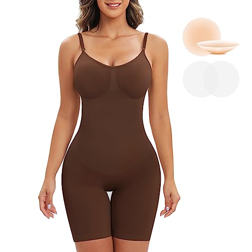 Vijamiy Shapewear Bodysuit Damen,Body Shaper Bauchweg Bodysuit Enthält Nippelpads,Hüftstraffung, Anti-Reibungs-Oberschenkel(Kaffee,L) von Vijamiy