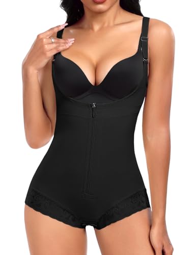 Vijamiy Shapewear Damen Bauchweg Miederbody Stark Formend Verstellbarer Schultergurt Rückenstraffung Body Shaper Spitze Dreieckshose Shaping Unterwäsche(schwarz,L) von Vijamiy