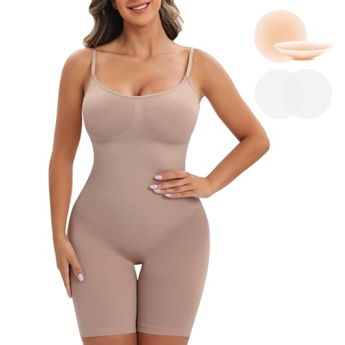 Vijamiy Shapewear Damen Bauchweg Shaping Bodysuit Mit Nippelpads Formende Bodys für Damen Kurze Hose Oberschenkel Reiben Schutz,Nahtloser V-Ausschnitt Verstellbare Träger(Hautfarbe,L) von Vijamiy