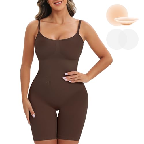 Vijamiy Shapewear Damen Bauchweg Shaping Bodysuit Mit Nippelpads Formende Bodys für Damen Kurze Hose Oberschenkel Reiben Schutz,Nahtloser V-Ausschnitt Verstellbare Träger(Kaffee,L) von Vijamiy