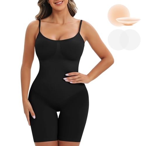 Vijamiy Shapewear Damen Bauchweg Shaping Bodysuit Mit Nippelpads Formende Bodys für Damen Kurze Hose Oberschenkel Reiben Schutz,Nahtloser V-Ausschnitt Verstellbare Träger(Schwarz,S) von Vijamiy