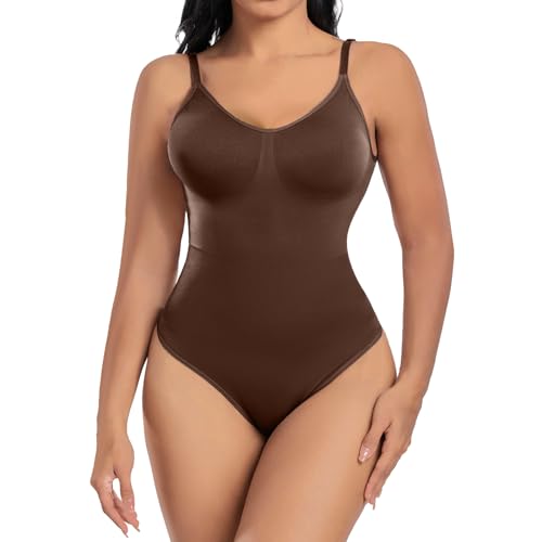 Vijamiy Shapewear Damen Rückenfreier Nahtlos Bodysuit Verstellbarer Schultergurt Tanga Body Shaper Bauchweg Bequemes und Atmungsaktives Material Bodysuit Shapewear(Kaffee,S) von Vijamiy