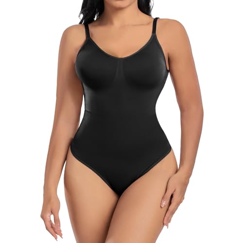 Vijamiy Shapewear Damen Rückenfreier Nahtlos Bodysuit Verstellbarer Schultergurt Tanga Body Shaper Bauchweg Bequemes und Atmungsaktives Material Bodysuit Shapewear(Schwarz,S) von Vijamiy