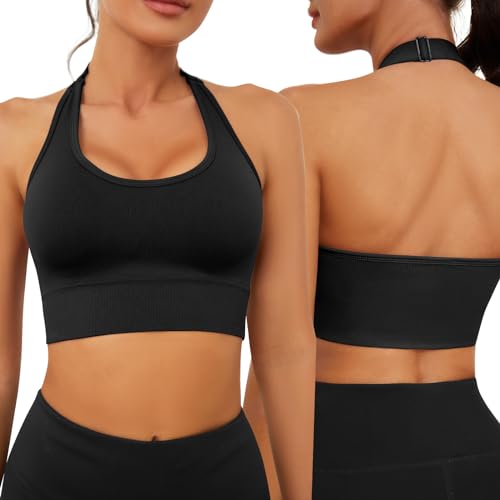 Vijamiy Sport BH Rückenfrei Neckholder BH Damen Push Up Sport Bra Abnehmbar Gepolstert Shock Absorber Sport BH Verstellbarer Schultergurt Fitness Top Yoga Sport(Schwarz,XL) von Vijamiy