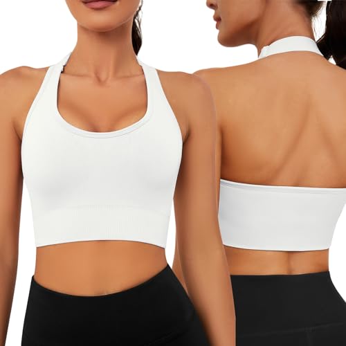 Vijamiy Sport BH Rückenfrei Neckholder BH Damen Push Up Sport Bra Abnehmbar Gepolstert Shock Absorber Sport BH Verstellbarer Schultergurt Fitness Top Yoga Sport(Weiß,M) von Vijamiy