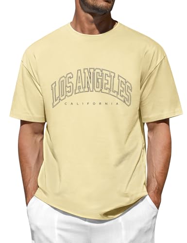 Vijamiy Herren T-Shirt Los Angeles Print Oversized 100% Baumwolle,Rundhalsausschnitt Kurzarm Sommer Top für Teenager,Weich und Bequem(Khaki,L) von Vijamiy