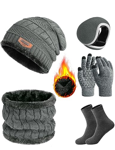 Vijamiy Wintermütze Schal Set Herren Touchscreen Handschuhe Warme Socken und Ohrenwärmer 6er-Set, Wärme Winddicht Nackenwärmer strickmütze Für Männer und Frauen(Grau) von Vijamiy