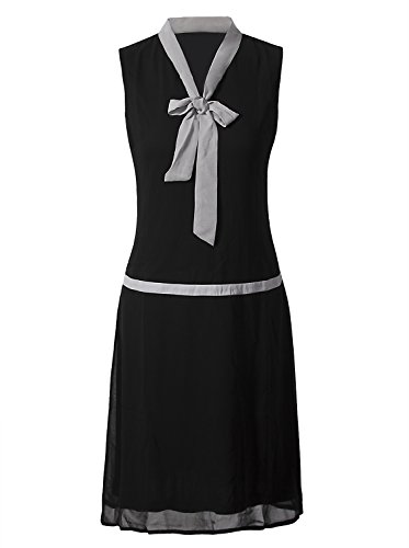 VIJIV Damen 1920 Midi Flapper-Kleid mit V-Ausschnitt Grau Bow Roaring 20s Great Gatsby Kleid s / uk8-10 / eu36-38 schwarz von VIJIV