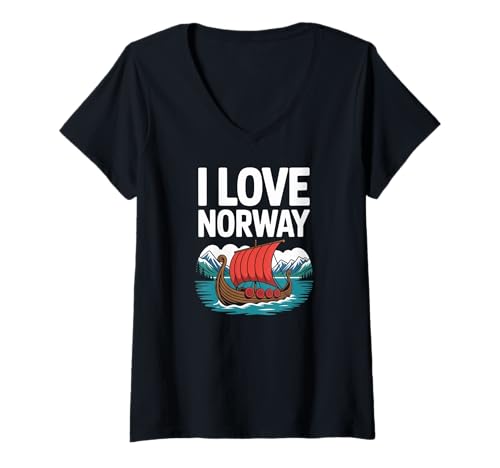 Damen Ich Liebe das malerische Abenteuer mit dem Wikingerschiff in Norwegen T-Shirt mit V-Ausschnitt von Viking Adventure Nordic Love Nature Travel