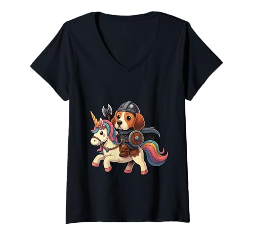 Damen Wikinger American Foxhound reitet EIN Einhorn Jungen Mädchen Männer T-Shirt mit V-Ausschnitt von Viking American Foxhound Riding A Unicorn Rainbow
