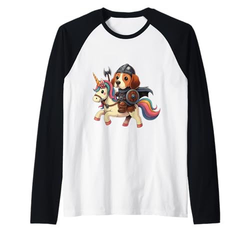 Wikinger American Foxhound reitet EIN Einhorn Jungen Mädchen Männer Raglan von Viking American Foxhound Riding A Unicorn Rainbow