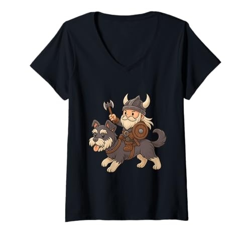 Damen Wikinger Reiten Miniatur Schnauzer Jungen Mädchen Männer Frauen Kinder T-Shirt mit V-Ausschnitt von Viking And Dog Miniature Schnauzer Rainbow Shop