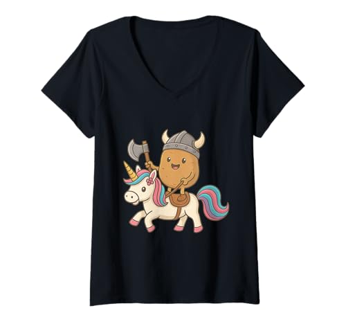 Damen Viking Baked Potato Riding A Unicorn Jungen Mädchen Herren Damen T-Shirt mit V-Ausschnitt Damen Viking Baked Potato Riding A Unicorn Jungen Mädchen Herren Damen T-Shirt mit V-Ausschnitt von Viking Baked Potato Riding A Unicorn Rainbow Shop