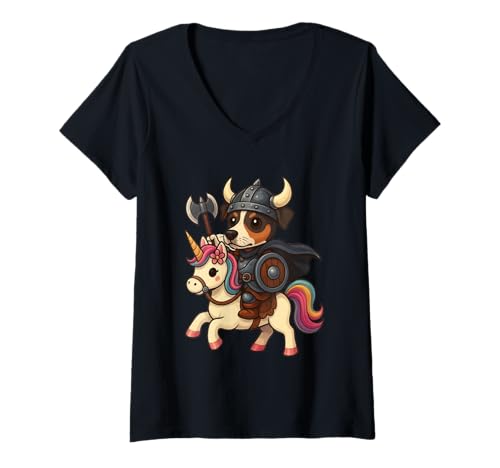 Damen Viking Brazilian Terrier reitet EIN Einhorn Jungen Mädchen Herren T-Shirt mit V-Ausschnitt von Viking Brazilian terrier Riding A Unicorn Shop