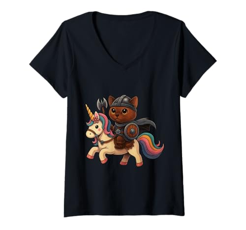 Damen Wikinger Burmesische Katze reitet EIN Einhorn Jungen Mädchen Männer Frauen Kind T-Shirt mit V-Ausschnitt von Viking Burmese Cat Riding A Unicorn Rainbow Shop