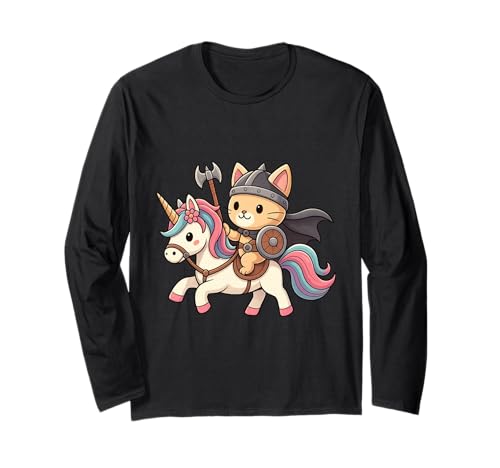 Wikinger-Katze reitet EIN Einhorn Jungen Mädchen Männer Frauen Kinder Erwachsene Langarmshirt von Viking Cat Riding A Unicorn Rainbow Shop