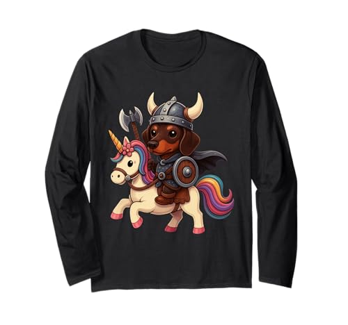 Wikinger Dackel reitet EIN Einhorn Jungen Mädchen Männer Frauen Kinder Langarmshirt von Viking Dachshund Riding A Unicorn Rainbow Shop