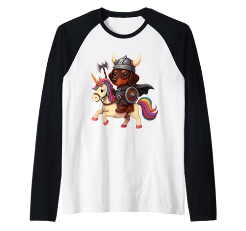 Wikinger Dackel reitet EIN Einhorn Jungen Mädchen Männer Frauen Kinder Raglan von Viking Dachshund Riding A Unicorn Rainbow Shop