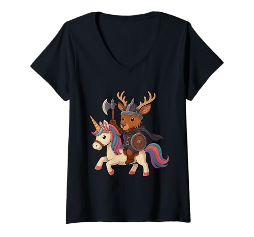 Damen Wikinger Hirsch reitet EIN Einhorn Jungen Mädchen Männer Frauen Kinder Erwachsene T-Shirt mit V-Ausschnitt von Viking Deer Riding A Unicorn Rainbow Shop